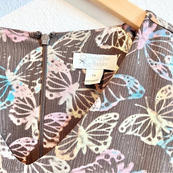 Christopher & Banks Butterfly Print Dress Size 14 Brown Pink Purple Layered Look - Picture 3 of 11